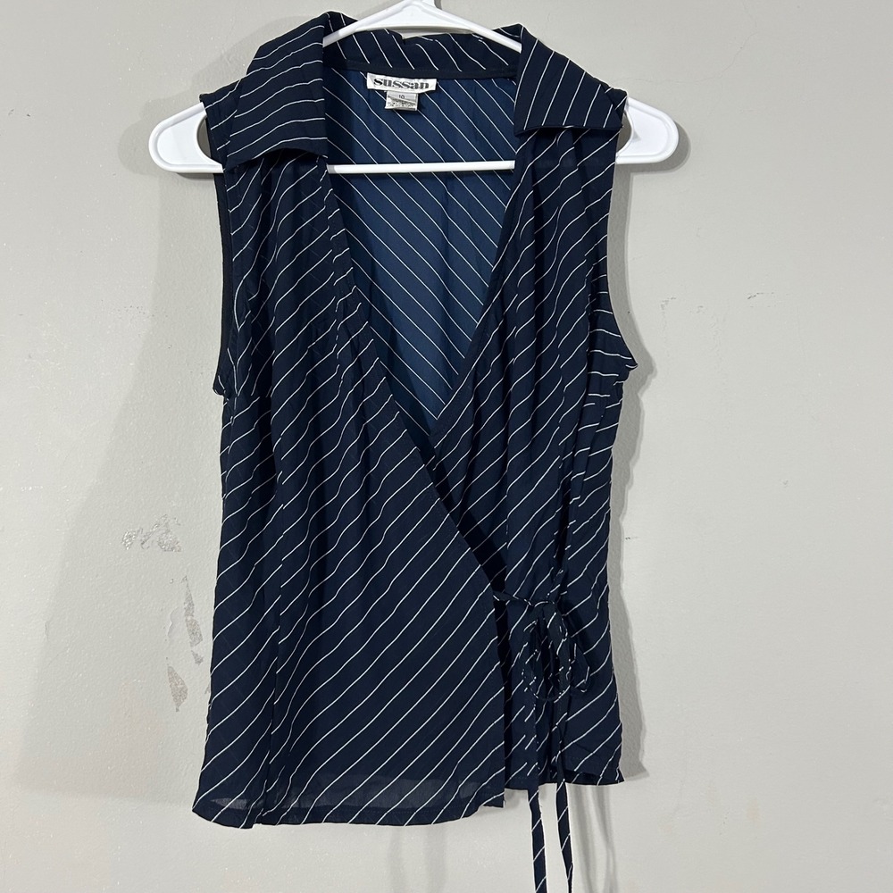 SUSSAN Navy White Pinstripe Sleeveless Collared Wrap Blouse Top Size 10
